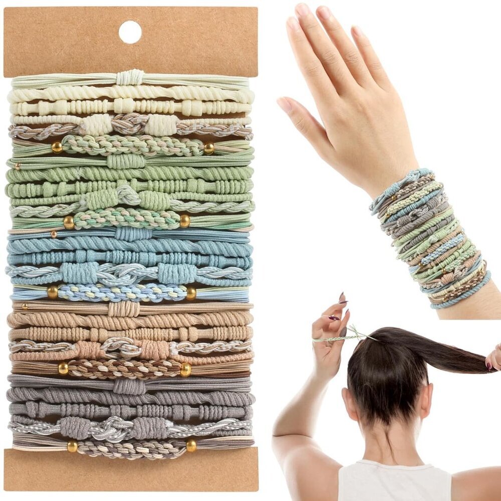Boho Hair Ties with Beads, 25 PCS 5 Styles Cute Elastic Hair Bands for Thick or